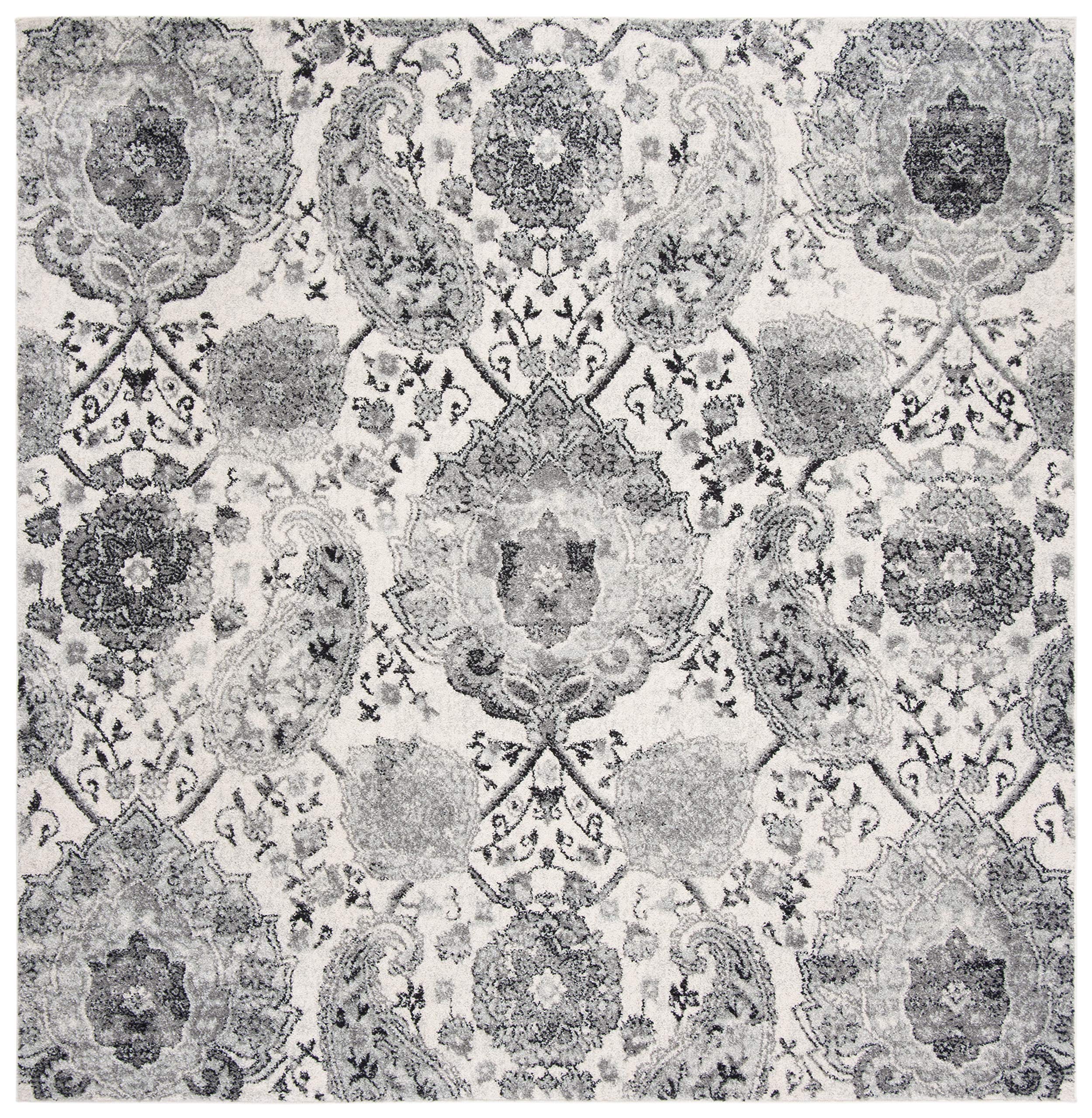 Safavieh Madison Collection Area Rug - 6'7'' Square, Cream & Silver, Boho Chic Glam Paisley Design, Non-Shedding & Easy Care, Id